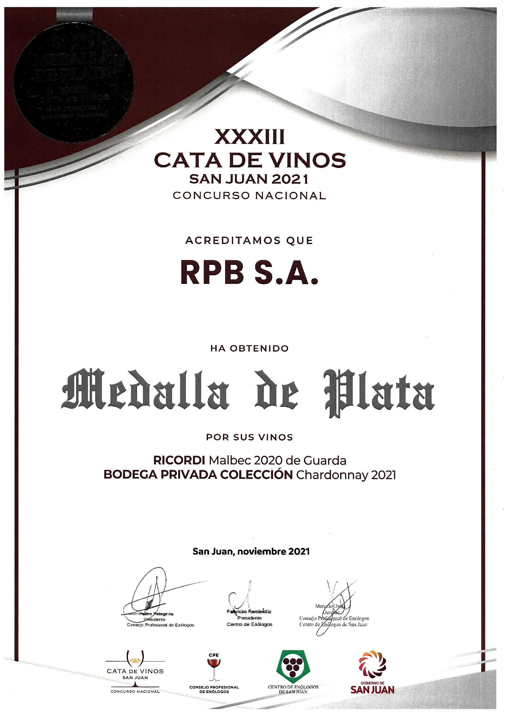 RICORDI Malbec 2020 de Guarda,  Bodega Privada Colección Chardonnay 2021